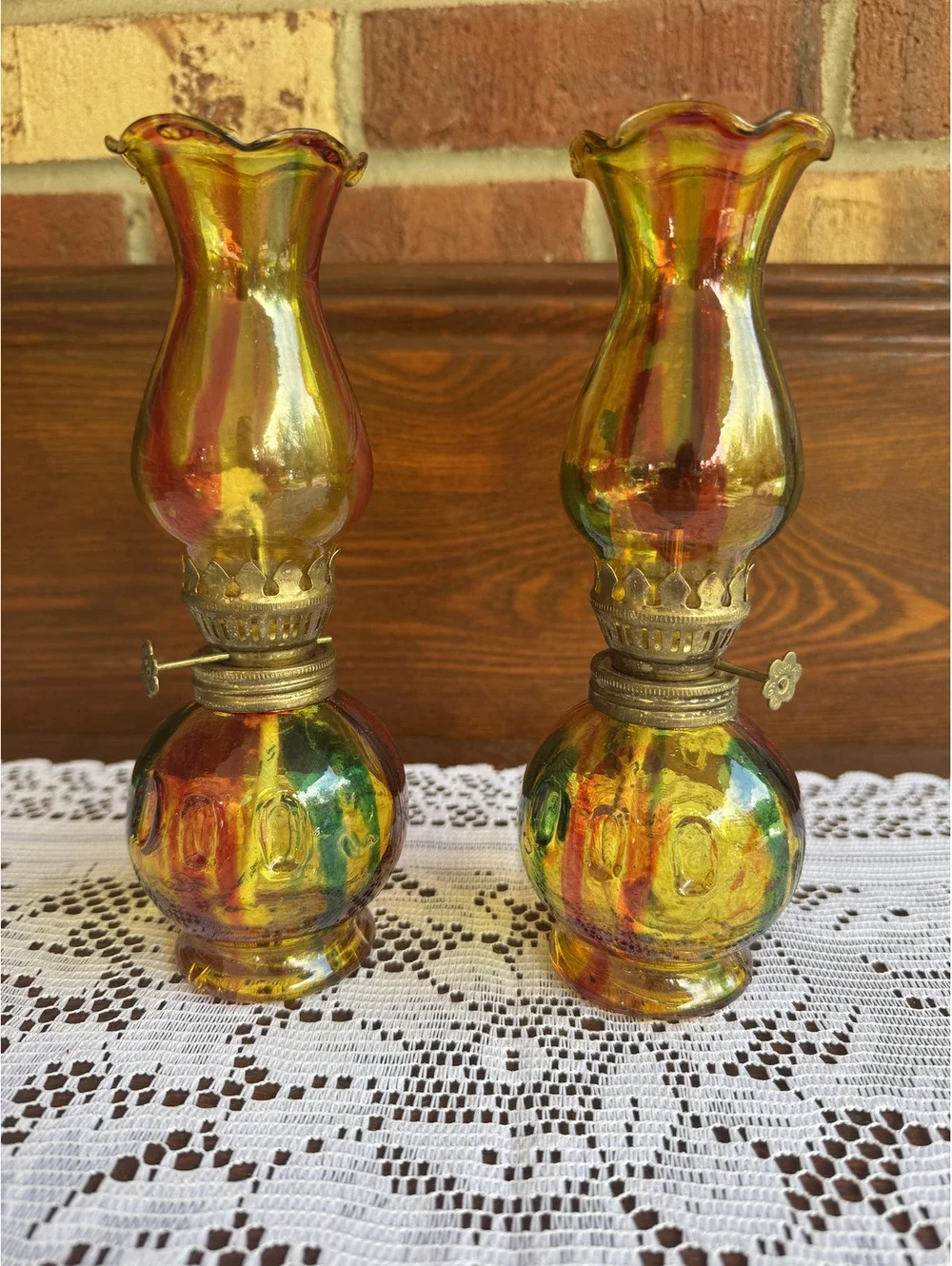 Pair of Vintage Colorful Vintage Glass Oil Lamps